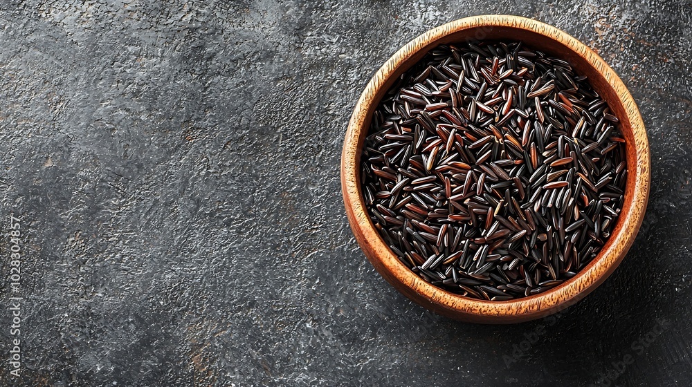 Aufkleber black wild rice in a bowl grey stone background copy space top view : generative ai