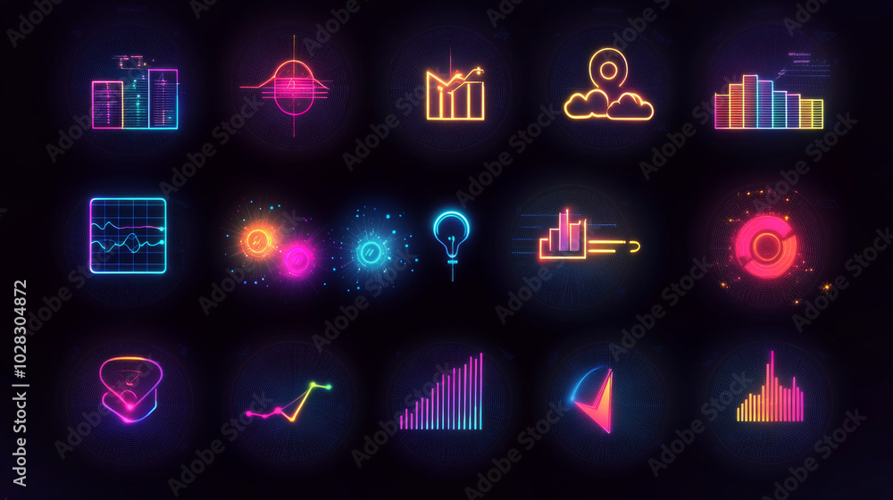 Poster this set includes ten different icons that represent data analysis. each icon is made with thin line