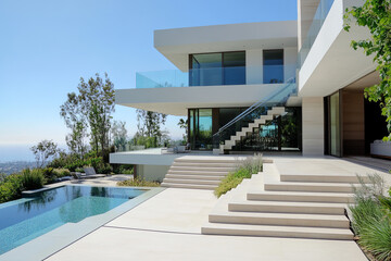 Fototapeta premium Modern luxury home with a floating staircase and glass railings