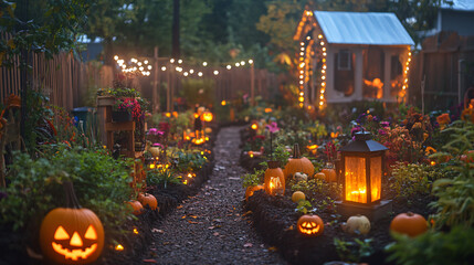 A community garden decorated for Halloween, inviting families to enjoy a safe Trick-or-Treating experience.