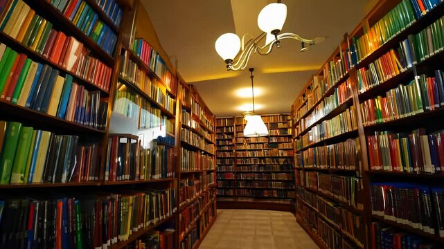 Camera slowly zooms out to reveal a cozy library with walls of books arranged by color, creating a rainbow effect under warm, practical lighting