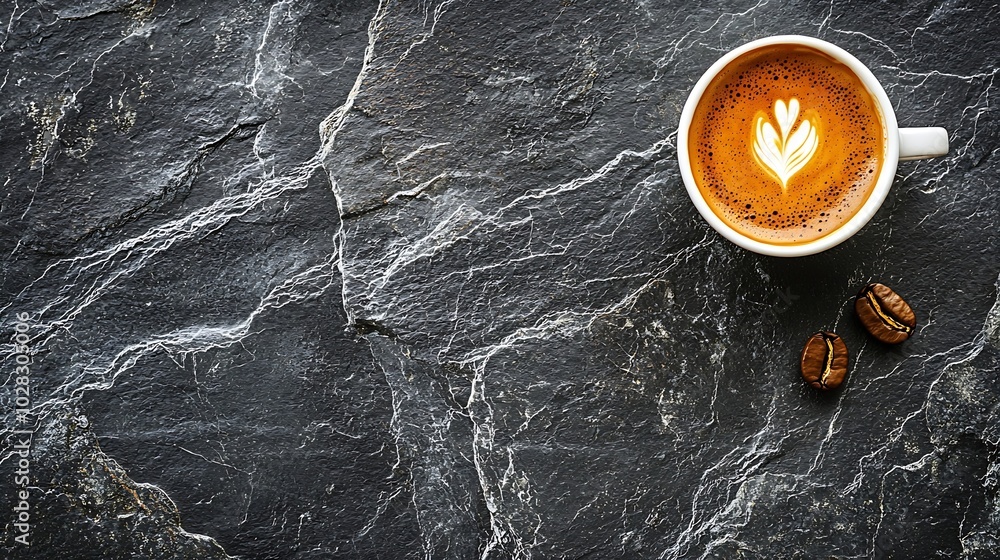 Poster coffee espresso in white cup on black slate background copy space top view : generative ai