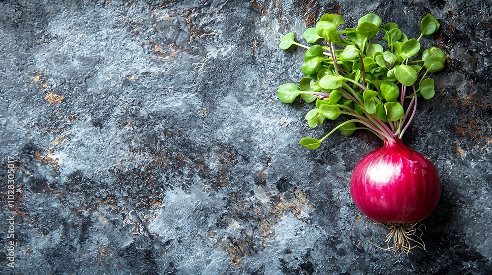 Poster Red onion with fresh green sprouts on grey stone background Top view Copy space : Generative AI