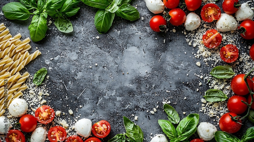Poster Pasta fusilli with mozzarella cheese tomatoes and basil Grey background Top view : Generative AI