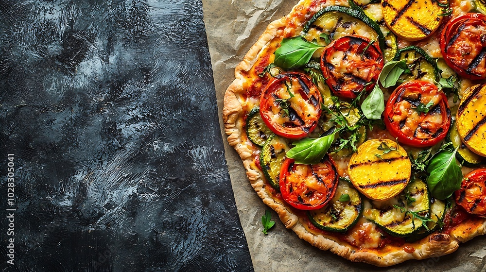 Poster puff pastry pizza with grilled vegetables grey background close up top view : generative ai