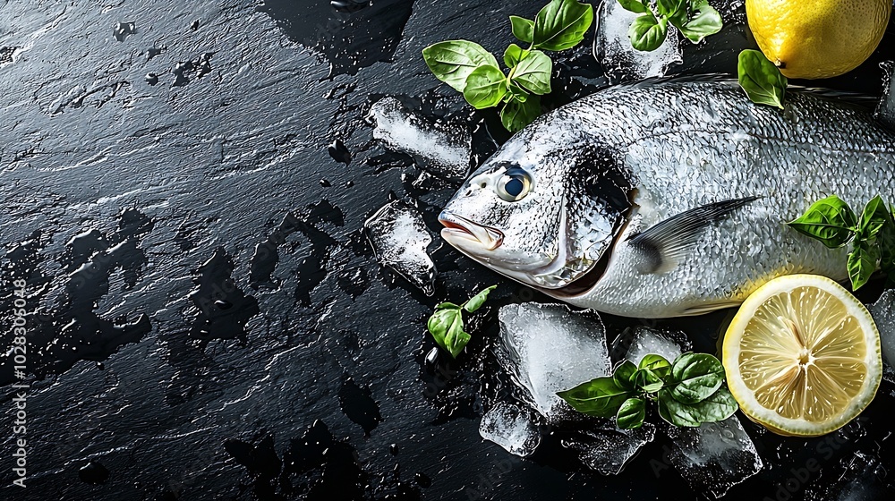 Aufkleber dorado raw fish on a plate with ice and lemon black slate background top view : generative ai
