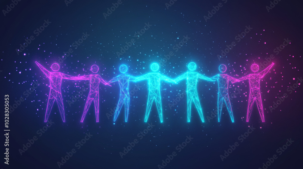 Poster this set has 10 icons that show teamwork. geometric neon glow style with particles isolated on backg