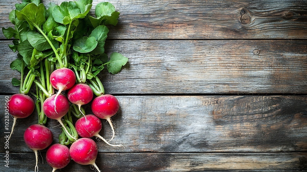Poster fresh radish bunch on rustic wooden background copy space close up : generative ai