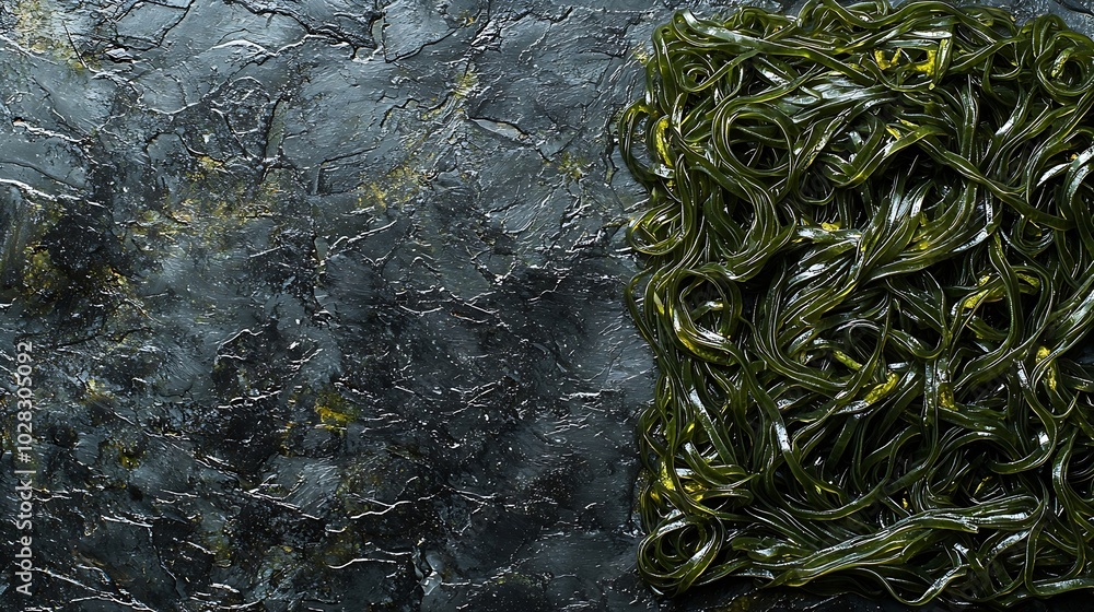 Poster green tea soba noodles top view copy space slate background : generative ai