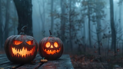 Halloween pumpkins carved with spooky faces and placed on a wooden surface, with a dark, haunting forest background shrouded in mist.