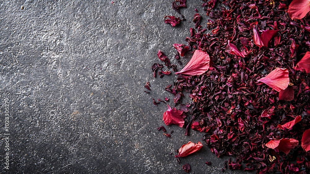 Poster hibiscus flower tea scattered on grey stone background copy space top view : generative ai
