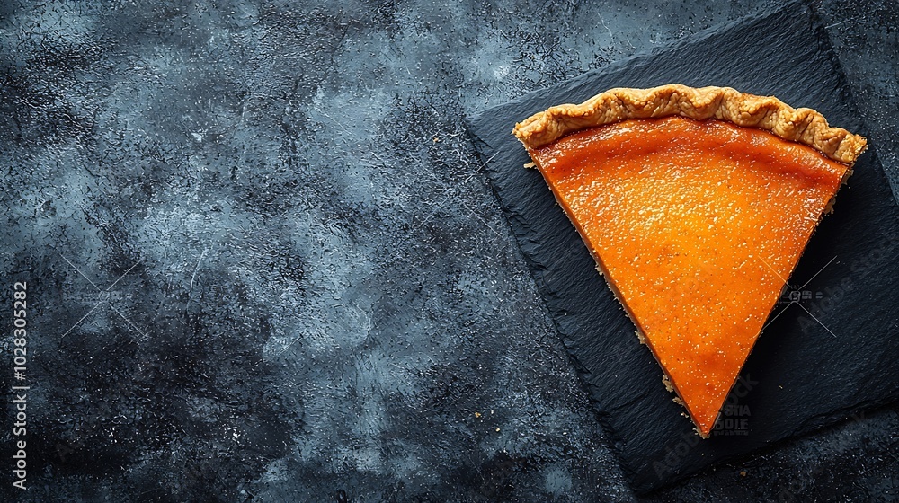 Poster Pumpkin pie cake piece Black slate background Copy space Top view : Generative AI