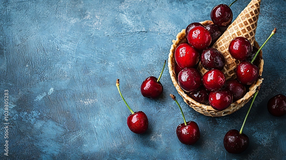 Aufkleber cherries in waffle cone on blue stone background top view copy space : generative ai