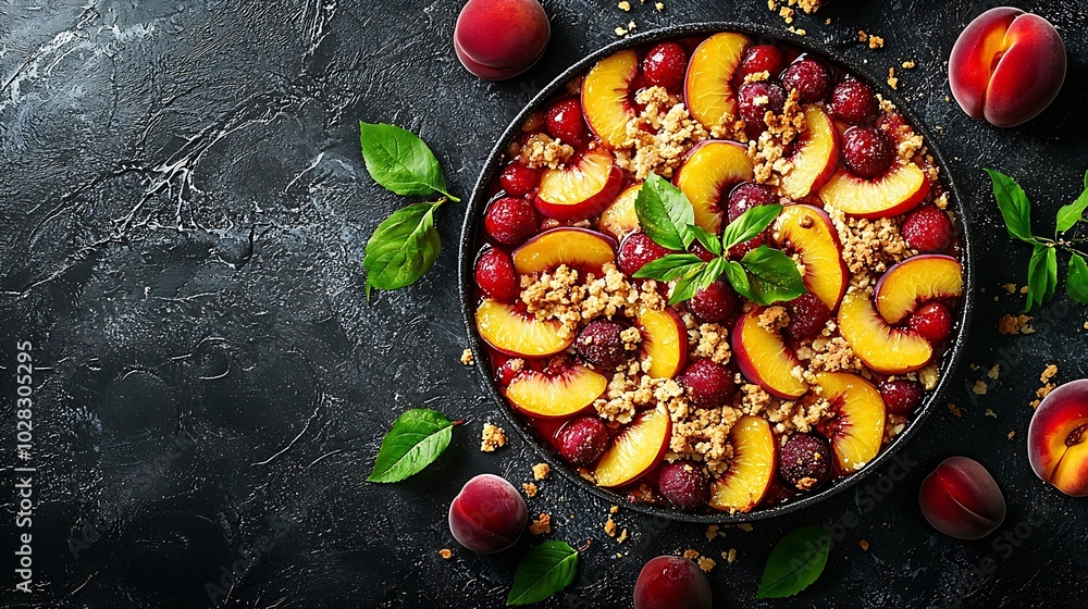 Aufkleber cherry and peach crumble in a baking dish top view copy space : generative ai