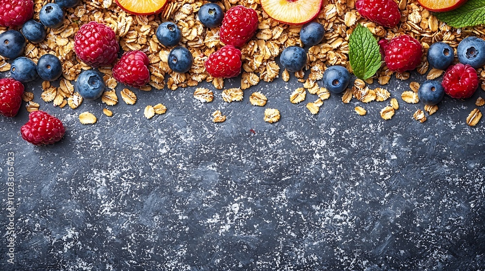 Poster healthy breakfast fresh granola muesli with yogurt fruits and berries on grey background top view co
