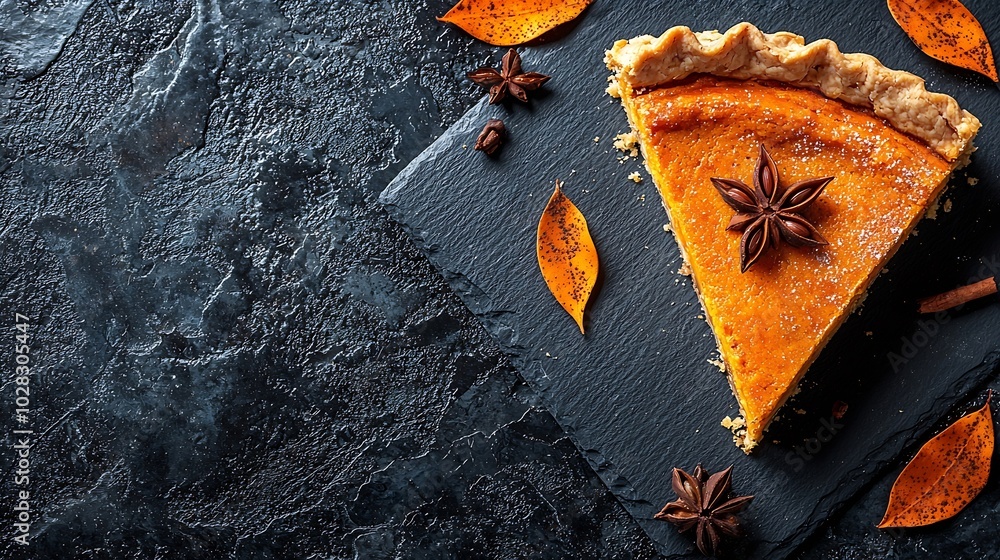 Poster Pumpkin pie cake piece Black slate background Copy space Top view : Generative AI