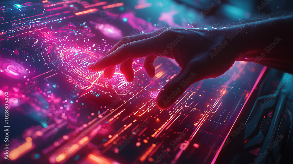 Aufkleber hands interacting with a glowing digital touchscreen matrix in a futuristic interface