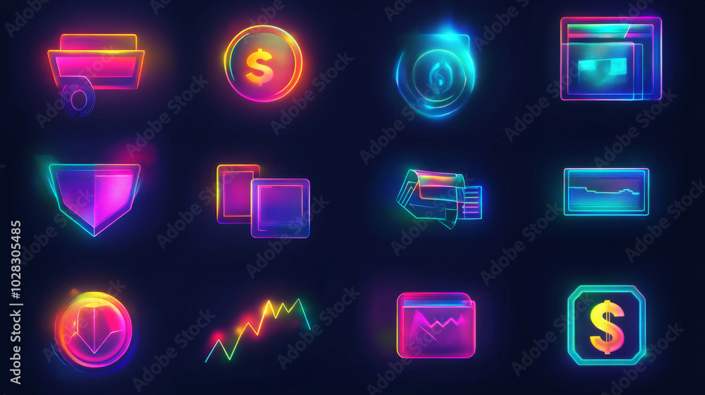 Poster this set includes ten different icons related to money and trading. they are designed in a modern st