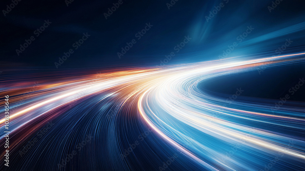 Poster a fast-moving object creates a blurred streak of light against a dark blue background. this image is