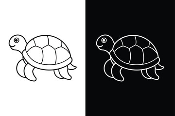 Sea Turtle Vector. Colorless Contour Line Drawing with Tropical Fish