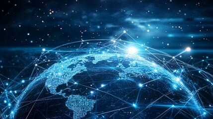 A glowing blue globe with interconnected lines representing global networking.