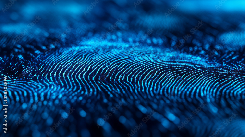 Poster a futuristic blue design with fingerprint patterns. it represents security systems that use fingerpr