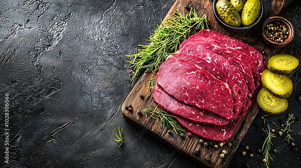 Poster roast beef on wooden cutting board with pickles top view copy space : generative ai