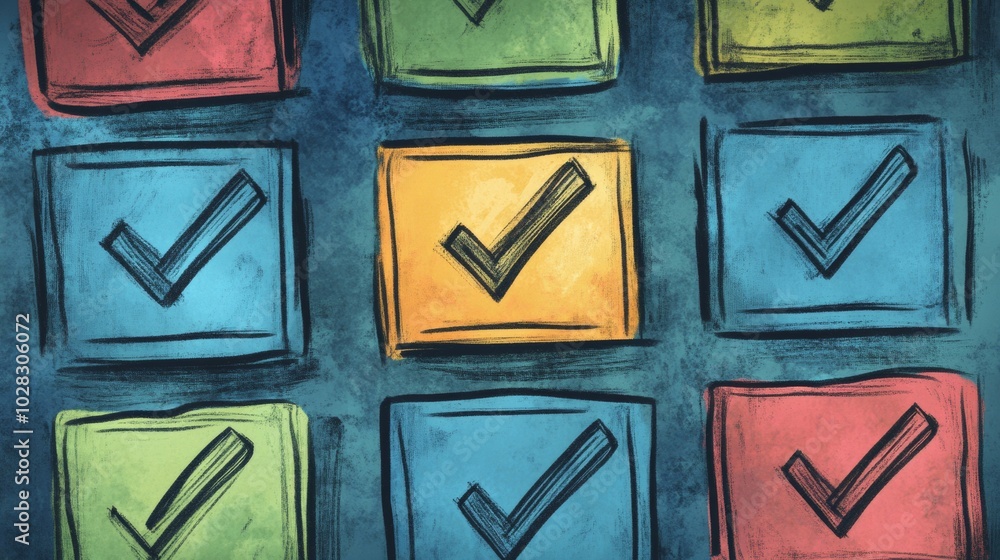 Poster a series of colorful squares with a check mark in the middle