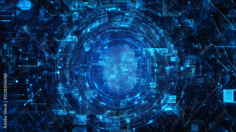 Poster a futuristic, blue image with fingerprints and digital lines shows how security systems use fingerpr