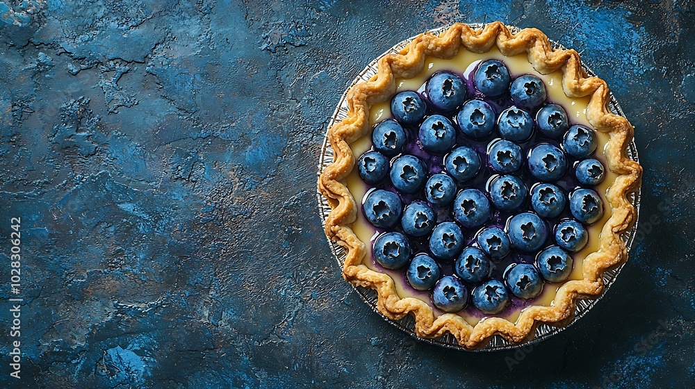 Poster blueberry tart pie tartlet with vanilla custard blue stone background top view copy space : generati