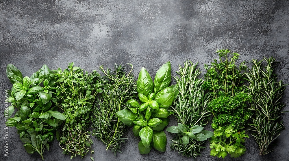 Poster assortment of fresh herbs grey background copy space top view : generative ai