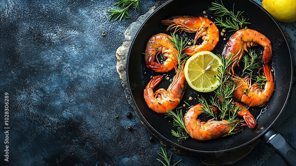 Poster prawns with lemon and fresh herbs in a black frying pan stone background copy space : generative ai