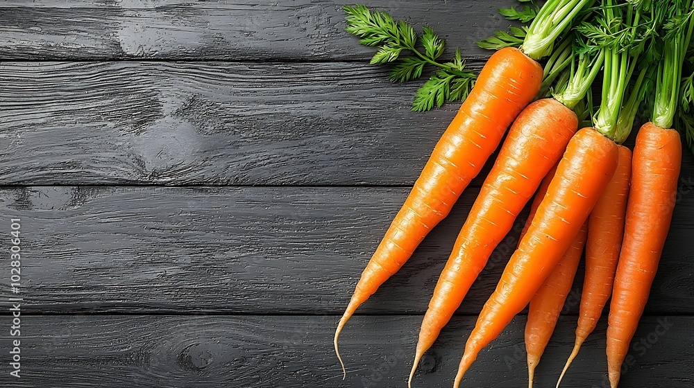 Poster fresh carrots bunch on a grey wooden background copy space top view : generative ai