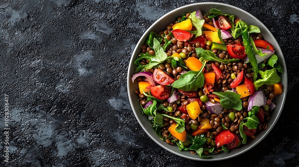Poster lentil salad with mix vegetables in bowl grey background top view : generative ai