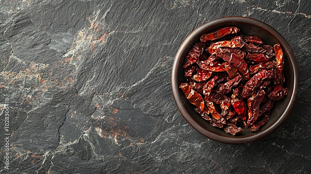 Poster dried red chili peppers in bowl on slate background : generative ai