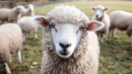 Obraz premium A fluffy white sheep looks directly at the camera with a group of sheep in the background.