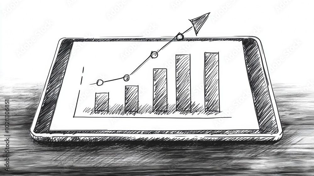Poster a tablet with a drawing of a graph with a line going up