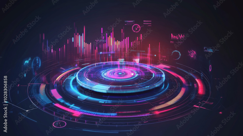 Poster a futuristic design featuring a holographic interface, showcasing data charts and communication elem