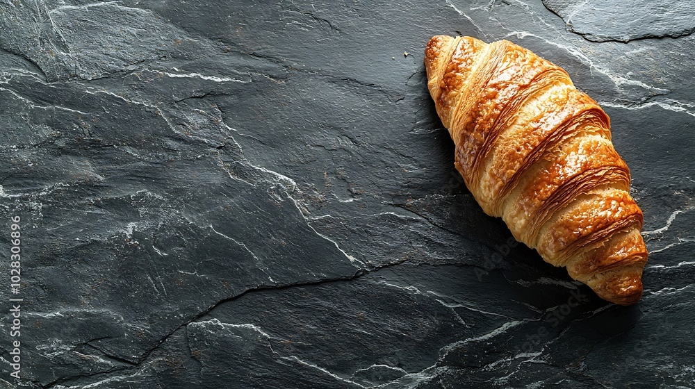 Poster fresh croissant on a black slate background top view copy space : generative ai