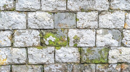 Fototapeta premium Old stone brick wall covered with whitewash plaster with cracks and green mould : Generative AI