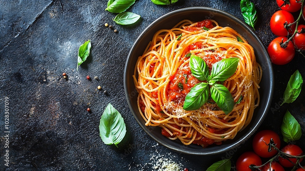 Poster pasta spaghetti with tomato sauce and fresh basil in a bowl grey background top view : generative ai