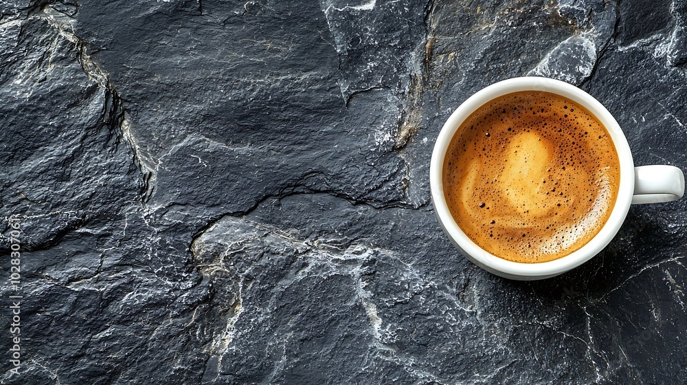 Poster coffee espresso in white cup on black slate background top view copy space : generative ai