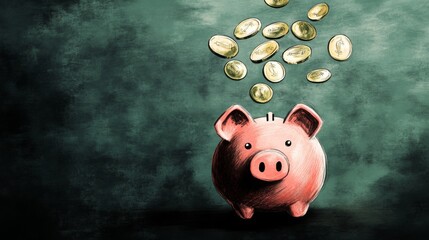 A cartoon piggy bank with coins falling out of it