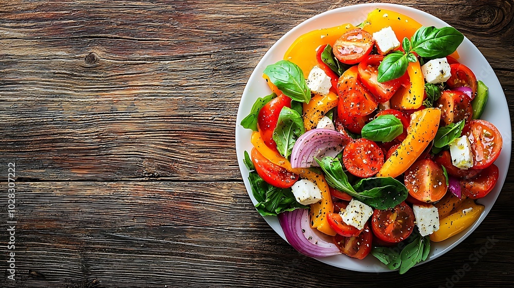 Poster grilled vegetables salad with feta cheese in white plate on wooden table copy space top view : gener