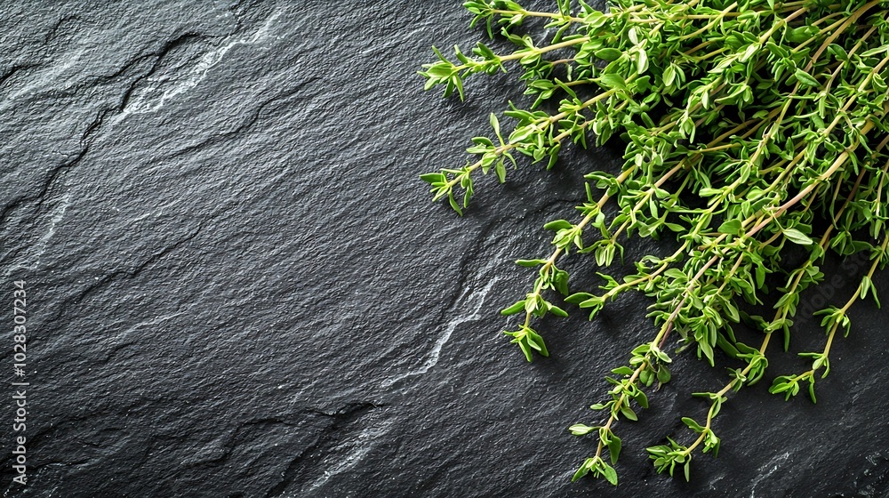 Poster Fresh thyme bunch on slate background Copy space Top view : Generative AI