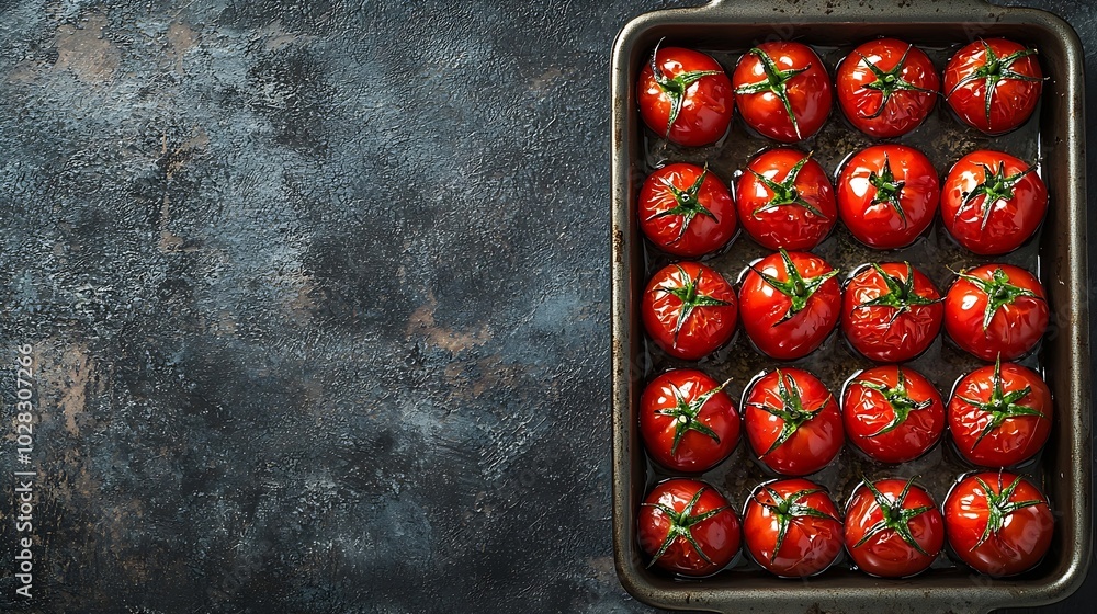 Poster roasted cherry tomatoes in baking dish grey background copy space top view : generative ai