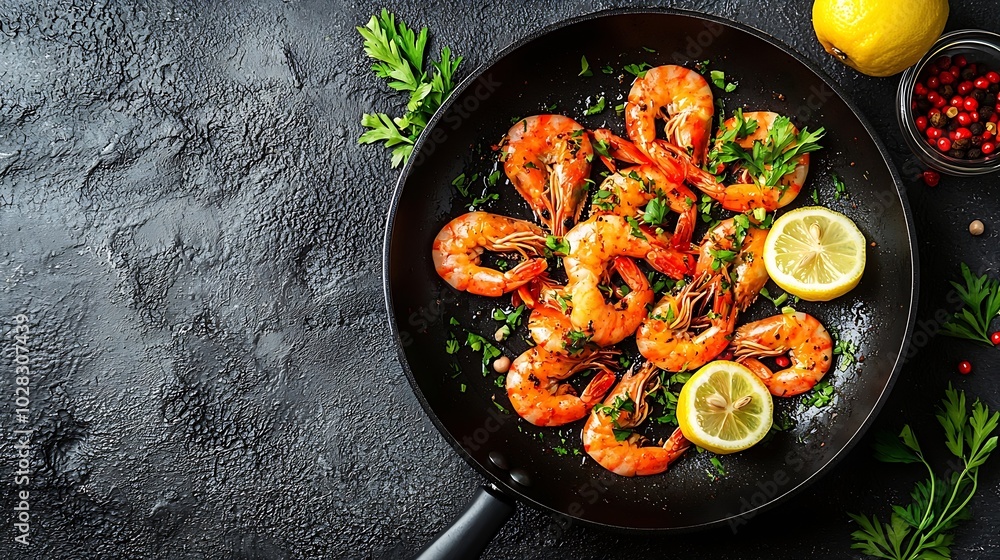 Poster Prawns with lemon and fresh herbs in a black frying pan Stone background Copy space Top view : Generative AI