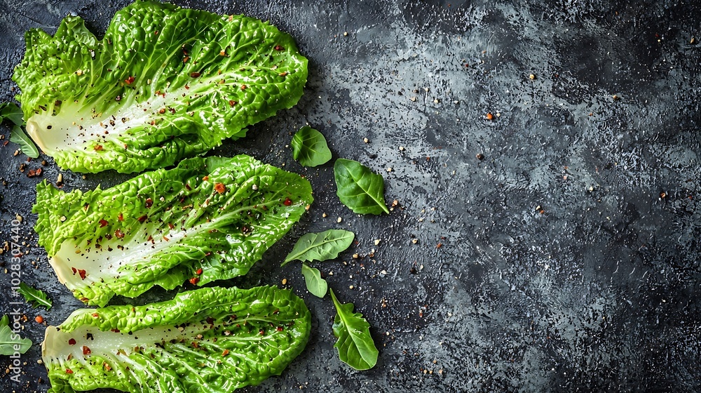 Poster romaine lettuce salad on grey textile background top view copy space : generative ai