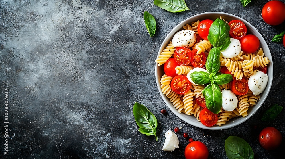 Poster pasta fusilli with mozzarella cheese tomatoes and basil gray background copy space : generative ai