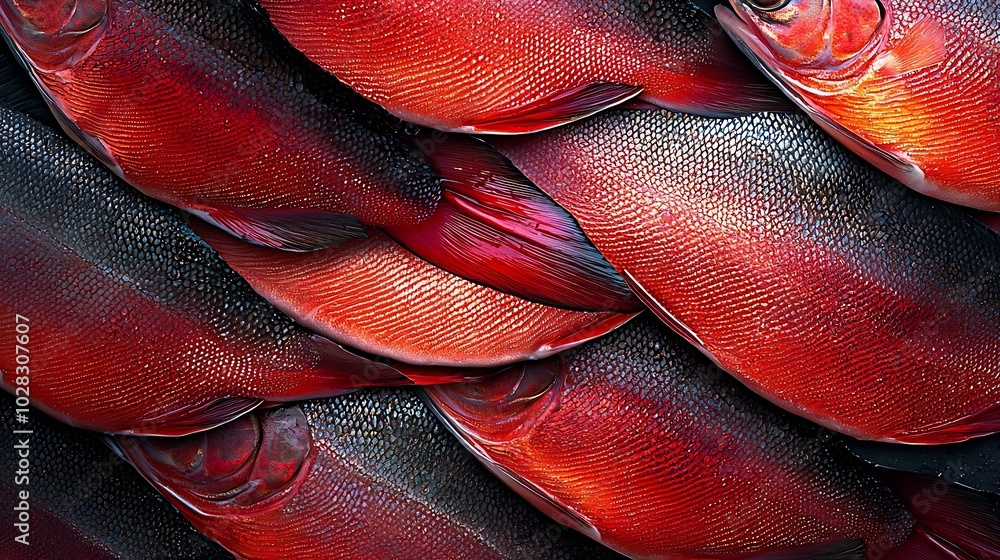 Poster Salmon background trout fish fillet texture Copy space Top view : Generative AI